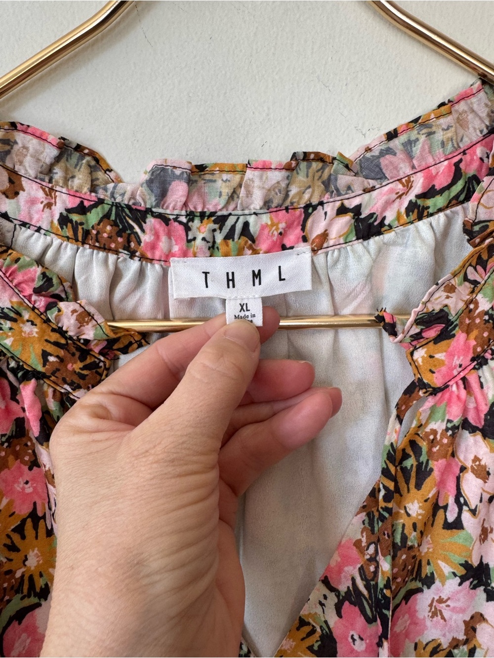 THML Pink and Gold Floral Seersucker Tiered Babydoll Dress Pockets XL - Picture 7 of 8